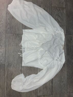 White Textured Puff-Sleeve Tie-Front Blouse